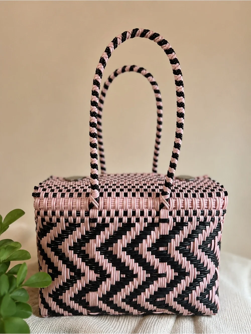 Handwoven Pink and Black Zigzag Tote Bag